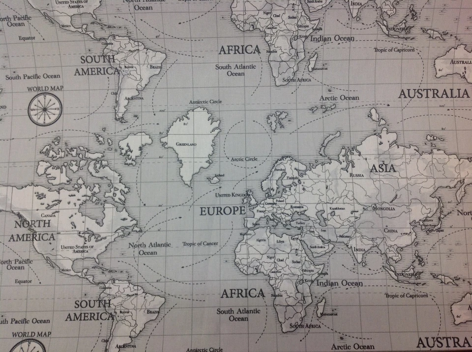 FRYETT`S Cotton MAPS ( Grey) Fabric for Curtain/Upholstery,Crafts,Quilting.