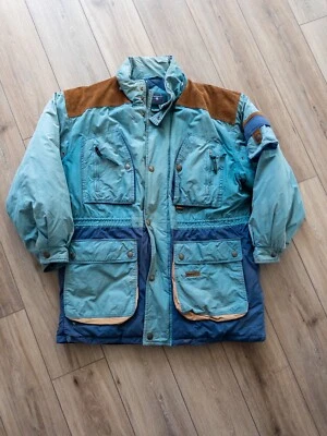 复古 Coleman 滑雪夹克男式 XL 绗缝蓝色中长口袋肩 Patc — 第 1/4 张图片