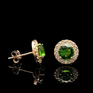 1CT Halo Green Peridot Simulated Diamond Stud Earrings 14k Yellow Gold Round Cut - Picture 1 of 4