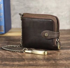 Men RFID Genuine Leather Wallet Purse ID SD SIM 6 Card Holder + Anti-Theft Chain - Picture 1 of 11