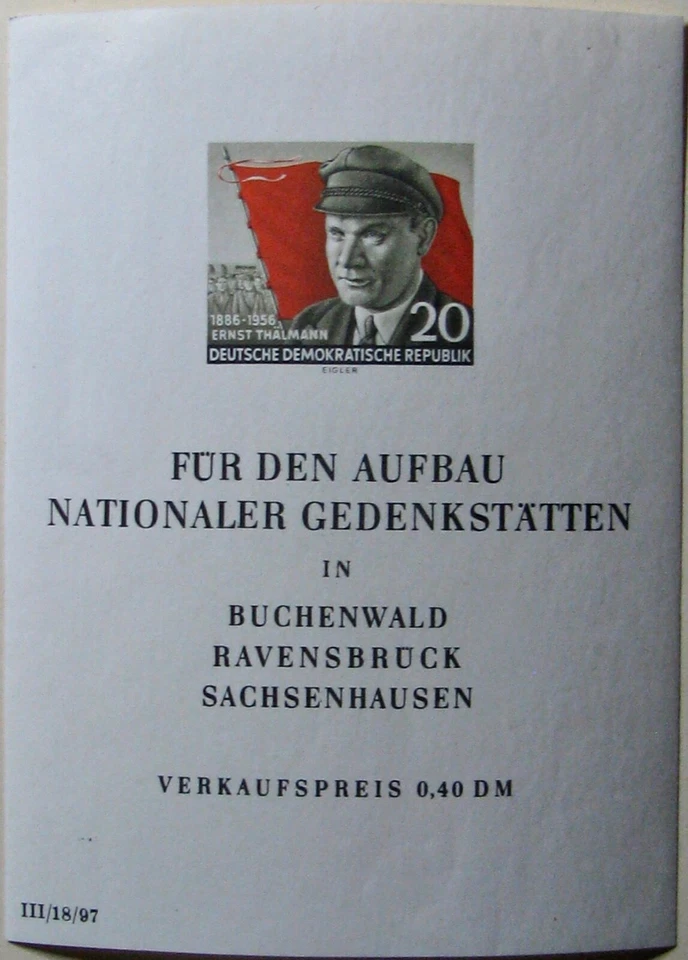 1956 GERMAN DEM. REPUBLIC #288a: VF MNH 'Ernst Thalmann' - Imperf. SS of 1 - Image 1 of 1