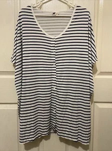 ROXY Oversized Button Front Striped Beach Coverup T-shirt Tunic Top ~ Size L - Picture 1 of 10