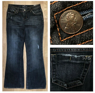 Pantalones de mezclilla 575 DENIM PENNY BUTTON para mujer tiro bajo desgastados lavado oscuro corte bootcut talla 27 Foto 1 de 4