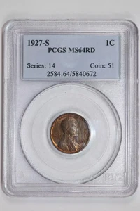 1927-S LINCOLN WHEAT CENT PCGS MS64 RED - Picture 1 of 2