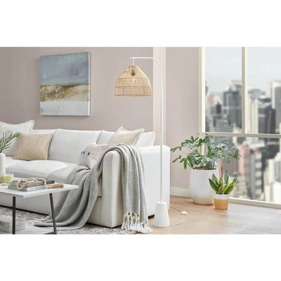 Hampton Bay Ambrose 65 in. White 1-Light Arc Floor Lamp with Nature Rattan Shade - Image 1 of 4