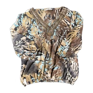 Boho Perlen Tiger Camo Bluse V-Ausschnitt Festival transparent Glam Top M Erdtöne - Bild 1 von 7