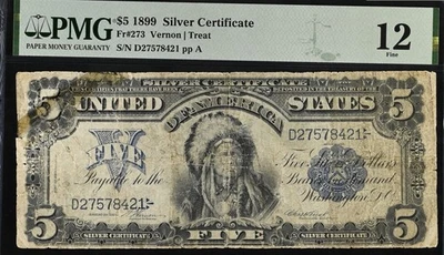 1899 $5 U.S. Silver Certificate, Chief Note, PMG   F 12, Fine - Image 1 of 2