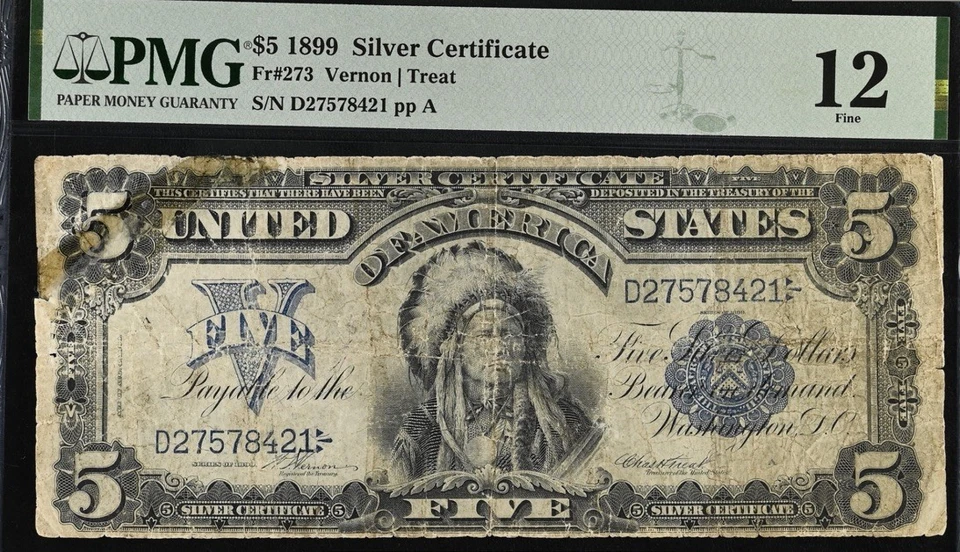 1899 $5 U.S. Silver Certificate, Chief Note, PMG   F 12, Fine - Image 1 of 2