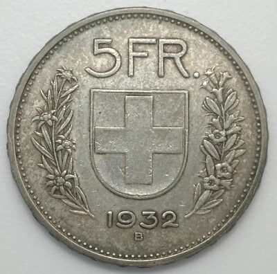 1932 Switzerland Founding Hero William Tell 5 Francs Silver Swiss Coin - Image 1 of 3