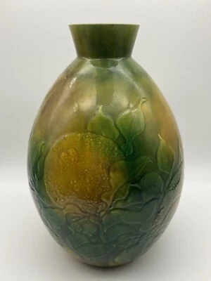 Vintage Chinese Green & Yellow Glazed Fruits & Leaves Pattern Porcelain Vase  - Image 1 of 4