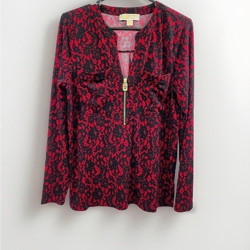 Top Michael Kors donna S rosso ciliegia nero stampa pizzo 1 2 oro zip scollo a V blusa