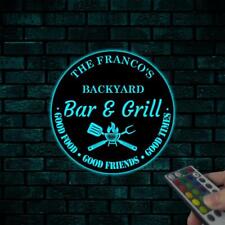 Personalized Bar & Grill Metal Sign With LED Light, Backyard Bar Decor