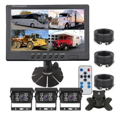 9" QUAD SPLIT MONITOR SCREEN 3x REAR VIEW BACKUP CCD CAMERA SYSTEM DUAL BRACKATS - Image 1 of 4