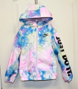Nike Jacket Youth Size 6X Rain Hooded Tyedye Girls Windbreaker Full Zip Rainbow - Picture 1 of 12