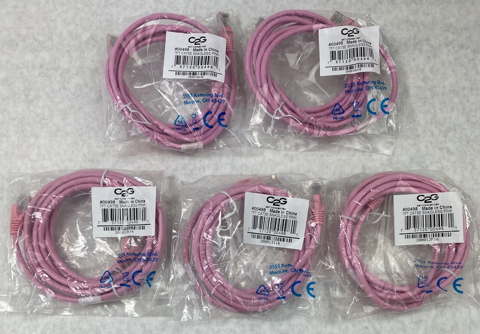Lot( 5 ) 7ft Pink Cat5e C2G 00498 Snagless Unshielded UTP Ethernet Patch Cable - Image 1 of 4