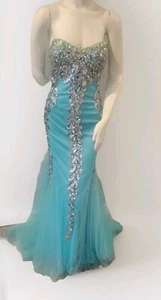 Women Turquoise Sequence Strapless Corsett Mermaid Maxi Long Prom Dress Size 16 - Picture 1 of 6