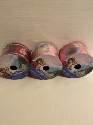 Lot Of 3 Disney Ribbon Frozen Anna Elsa Pink Satin 2.5” x 9’ NEW Hair Bow - Imagem 1 de 4