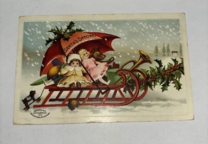 VTG CHRISTMAS Embossed Postcard Dolls Toys SANTA SPECIAL Sled Poinsettia Holiday - Picture 1 of 4