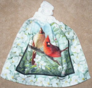 1 Crochet Top Hanging Kitchen Towel Birds Cardinals, Single white yarn - Picture 1 of 1