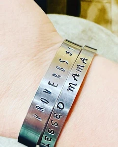Two Hand Stamped Aluminum Cuff Bracelets With Proverbs 31 & Blessed Mama Theme - Picture 1 of 2