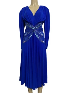 VTG Casadei Dress Royal Blue Sequin Long Sleeve V Neck Embellished Butterfly 12 - Picture 1 of 8