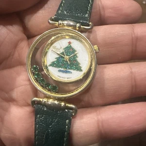 Funktioniert Vintage PEARL Weihnachtsbaum Zifferblatt Uhr Damen Quarz Leder NEUE BATTERIE 30mm - Bild 1 von 9