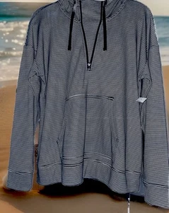 NWT Croft & Borrow Woman’s Cotton Blend Navy White Stripe Long Sleeve Hoodie Med - Picture 1 of 3