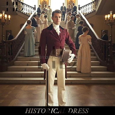 New Men's Maroon wool Custom Made Regency Tailcoat velvet notch collar tailcoat - Image 1 of 4