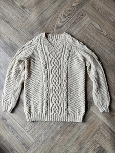 Vintage 100% Wool Aran Knit Jumper Fishermans Chunky Cream Sweater Womens S/M - Picture 1 of 16
