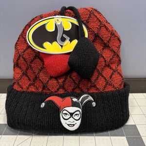 Harley Quinn Knit Hat Embroidered Cuff Black Red Bioworld Batman DC Comics NWT - Picture 1 of 24