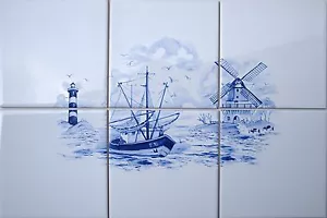Fliesen Bild 45x30 Delfter Delft Art (Windmühle,Leuchtturm,Segelschiff) maritim - Picture 1 of 1