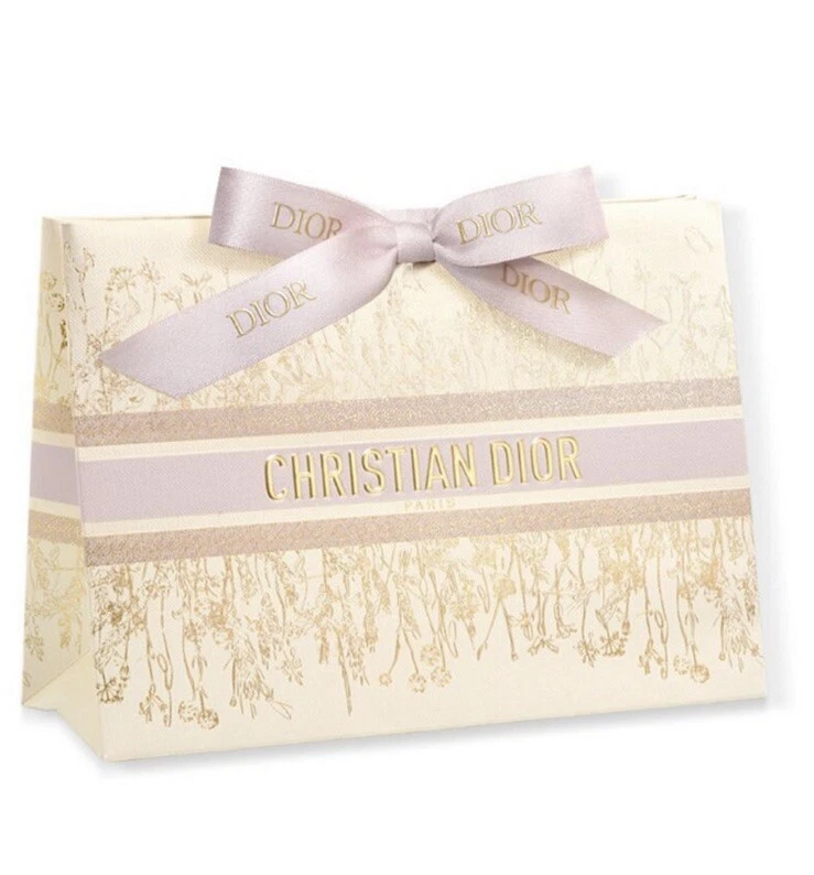 Christian DIOR Holiday Gift Bag - Gold & White w/ Ribbon - 9.5 .5 Folds