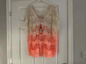 Superdry Beige & Neon Orange Ombre Open Crochet Top Size L - Picture 1 of 10