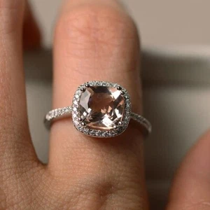 2.70 Ct Cushion Real Morganite & Diamond Engagement Ring 14K Solid  White Gold - Picture 1 of 8