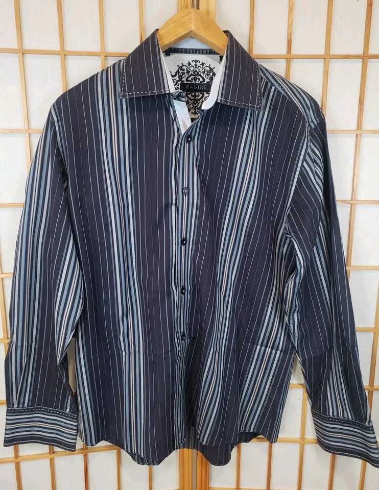 Camisa masculina ZAGIRI multicolorida listrada contraste punho manga longa botão para cima tamanho M - Imagem 1 de 4