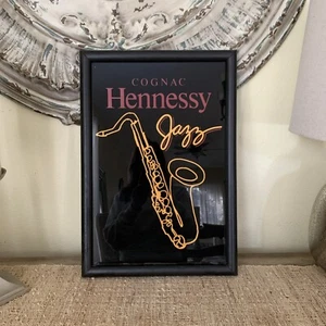 VTG HENNESSY COGNAC JAZZ GLASS BAR SIGN SAXOPHONE RARE SAXOPHONE FRAMED 19x13.5” - Picture 1 of 11
