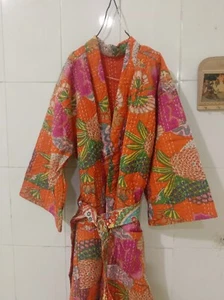 Indian Cotton Women Boho Kantha Quilted Jacket Kimono Coat Bath Robe Dress Long - Picture 1 of 5