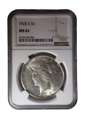 1925-S $1 SAN FRANCISCO Pease Silver One Dollar Coin Certified by NGC as MS61. - Image 1 of 4