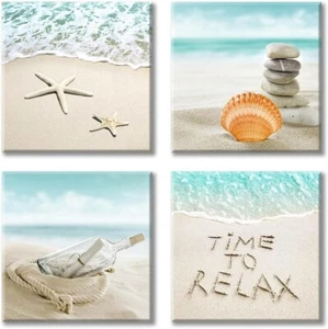Stylish Beach-Themed Canvas Art - 4 Panels Featuring Drift Bottles & Seashells - Picture 1 of 9