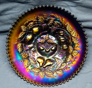 Northwood Three Fruits Purple Carnival Glass Plate 9" SAWTOOTH Plain Back HOT - Picture 1 of 12