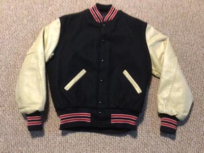 Vtg Made in USA Holloway Letterman Jacket Black w Red Stripes Tan Sleeves Sz Med - Image 1 of 4