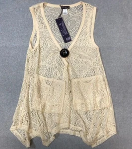 Lace Crochet Eyelet Open Front Swimsuit Cover Up Ivory Pockets Small NEW - Picture 1 of 10