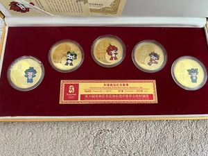Authentic 2008 Beijing Olympic 5 Mascot GOLD-PLATED MEDALLIONS Coin Set - Picture 1 of 4