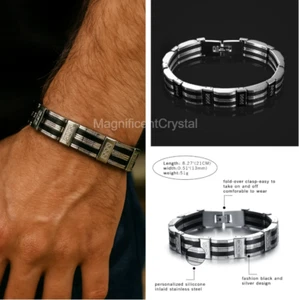 Black Silicone Silver Tone Link Men Stainless Steel Bangle Cross Bracelet - Picture 1 of 7