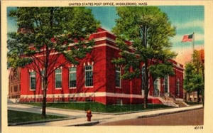 United States Post Office Middleboro Massachusetts Illustrated Postcard w Flag - Picture 1 of 1