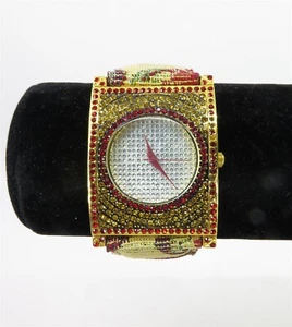 Joan Rivers Crystal Red and Gold Large Watch Tapestry Cloth and Leather Strap - Picture 1 of 12