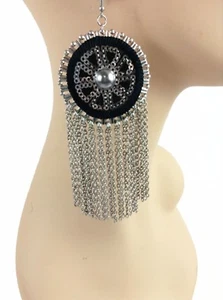Large Silver & Black Multi Chain Dangle Statement Earrings 4 1/2" - Picture 1 of 3