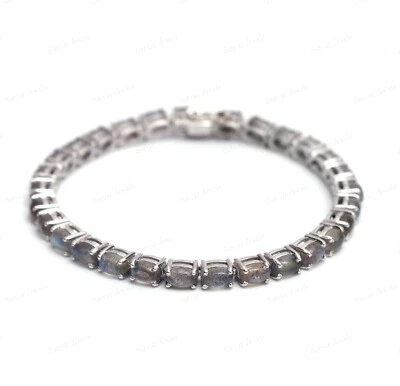 Natural Labradorite 925 Sterling Silver 6X4mm Oval Gemstone Tennis Bracelet - Image 1 of 4