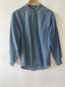 Vintage Topman MOTO Blue Denim Shirt Size Small Grandad Collar Button Down 90s - Picture 1 of 10