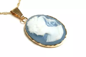 9ct Gold Blue Cameo Pendant and Chain Gift Boxed necklace Made in UK - Picture 1 of 5